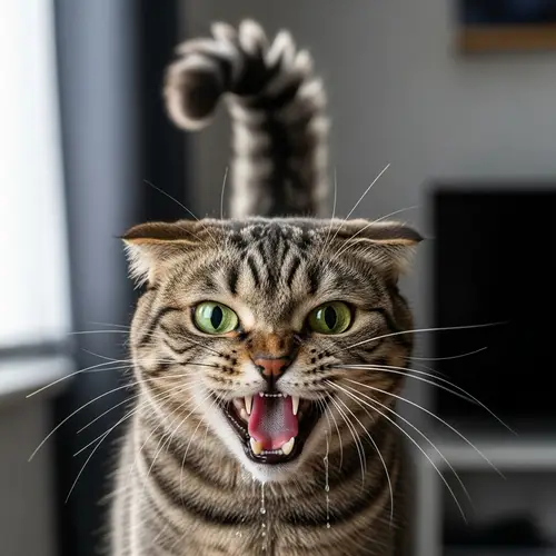 Angry Cat with Bristling Fur | Intense Gaze Image