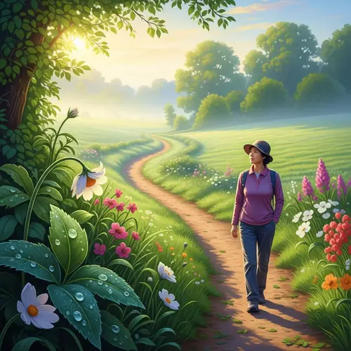 Morning Walk in Rural Setting - Serene Path Amid Lush Green Fields