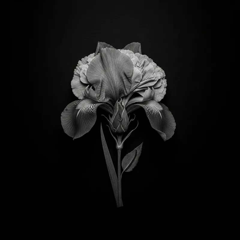 Realistic Botanical Photography of Pressed Iris, Carnation, and Rose Chimera