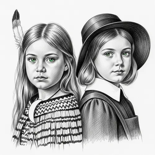 Cultural Fusion: Monochrome Sketch of Maori and British Girls in 1800's NZ