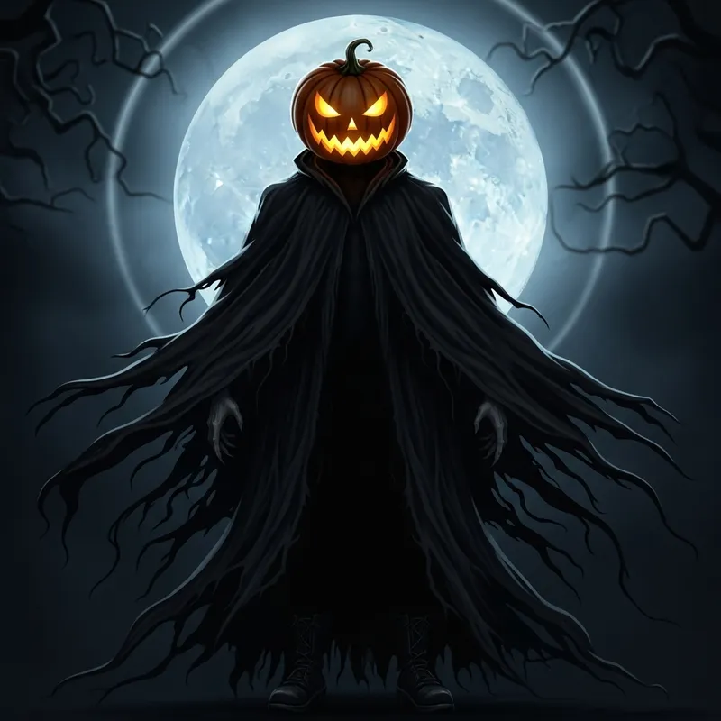 Pumpkin Headed Figure in Grim Reaper Outfit Under Full Moon