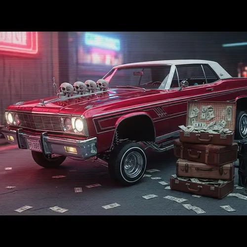 Retro Lowrider Car with Skulls and Dollar Suitcases