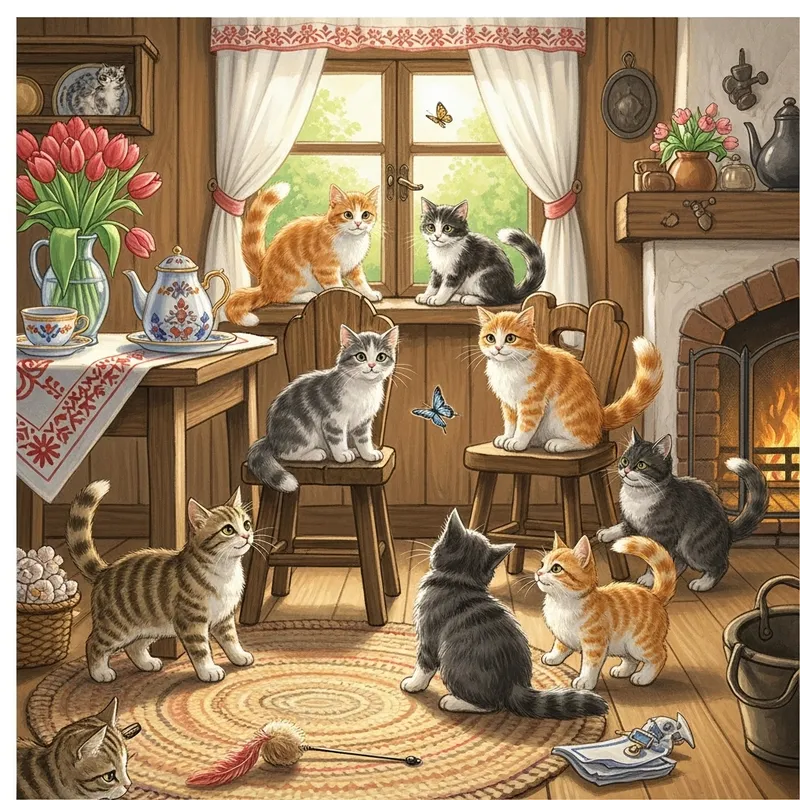 Charming Cats: A Playful and Folklore-Inspired Scene