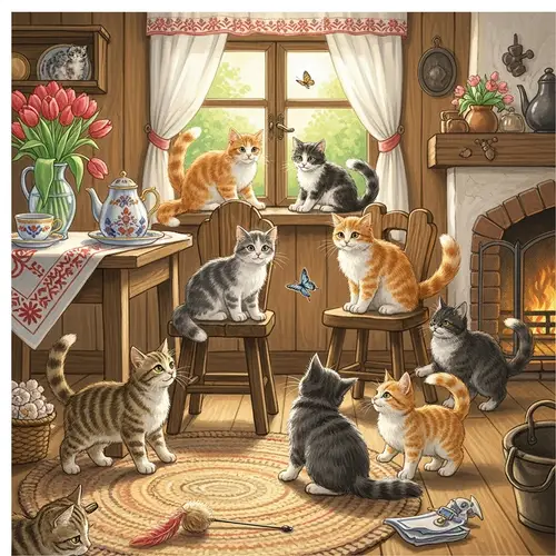 Charming and Playful Cats: A Quaint Folklore Scene