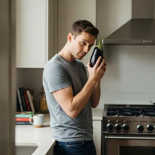 Introverted Man Holding Eggplant in Kitchen | Home Cooking Scene