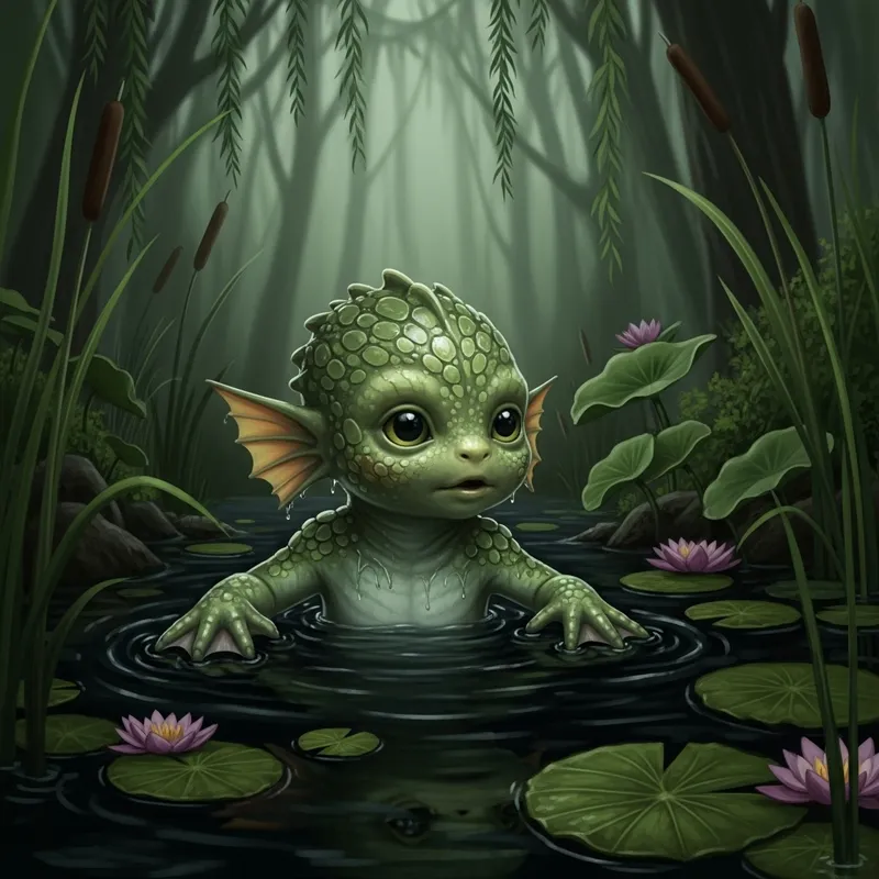 Baby Creature in Enchanting Dimly Lit Lagoon