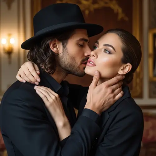 Elegant Couple Kissing in Stylish Setting