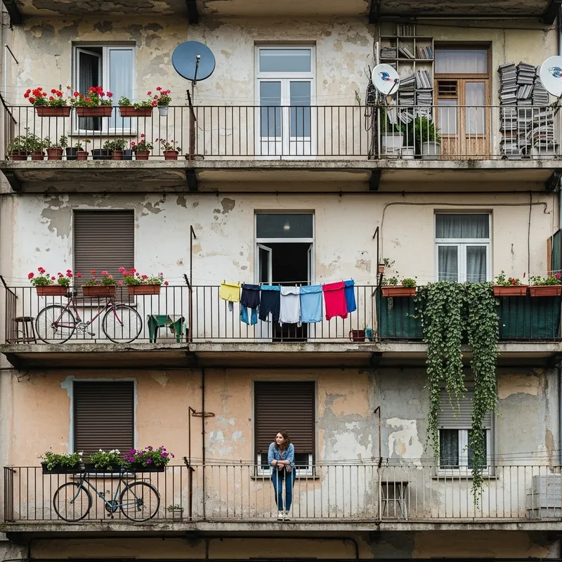 Charming Urban Apartment Building Facade with Balconies Charming Urban Apartment Building Facade with Balconies