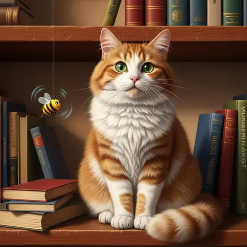 Ginger and White Domestic Cat with Green Eyes on Bookshelf