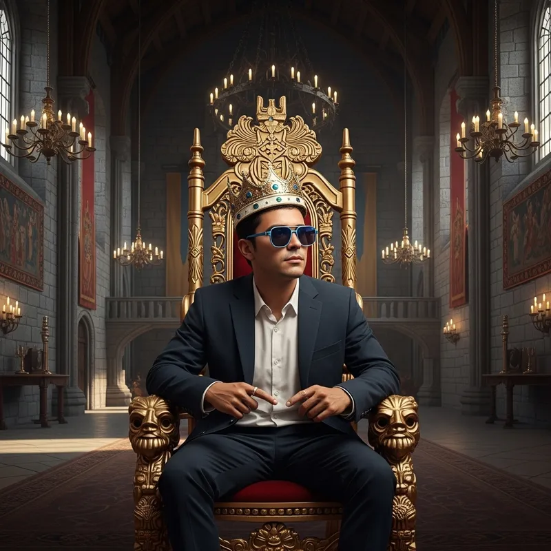 Young King in Blue Sunglasses on Royal Throne