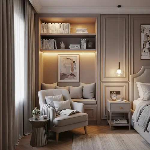 Cozy Reading Nook in Bedroom Design: Plush Armchair & Warm Lighting