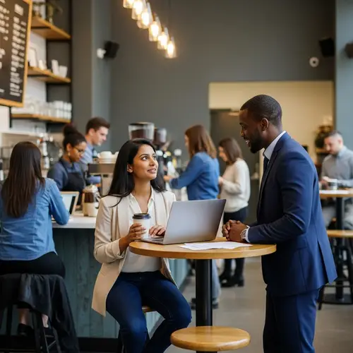 Dynamic South Asian Software Engineer Meeting Tech Recruiter in Modern Coffee Shop