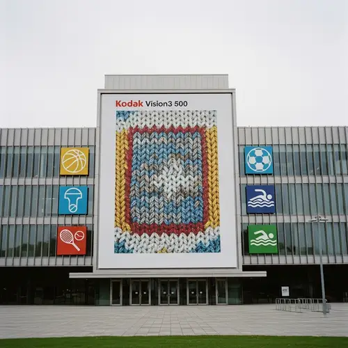 Knitted Wall Poster Mockup at Sports Complex | Kodak Vision3 500