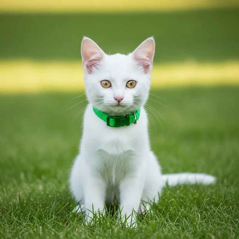 Cute White Kitten with Yellow Eyes in Grass | Green Collar
