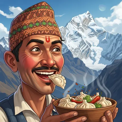 Cheerful Nepali Man Enjoying Local Cuisine with Himalayan Mountain View