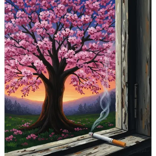 Cherry Blossom Landscape Painting | Ominous Trunk & Forgotten Cigarette