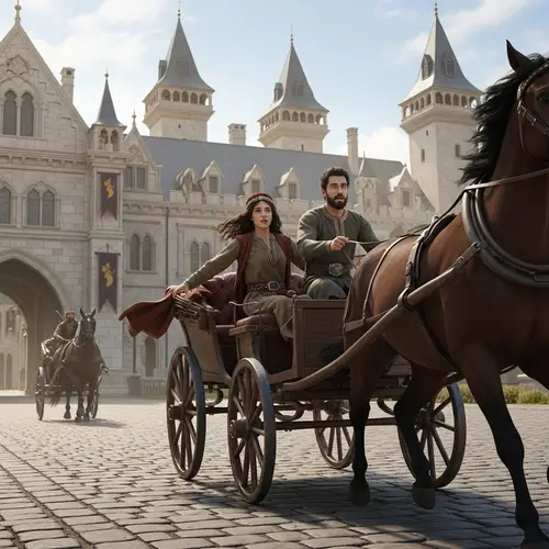 Medieval Escape: Man and Woman Fleeing Palace with Carriage