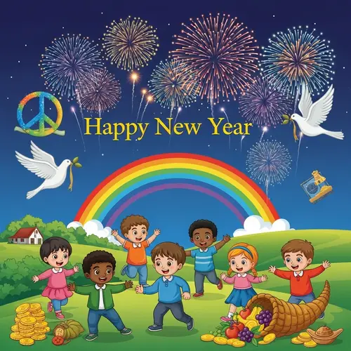 New Year Celebration with Multicolored Fireworks and Symbols of Peace