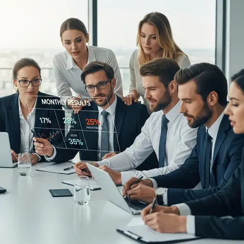 Diverse European Sales Team Analyzing Monthly Results | Data-Driven Decision-Making