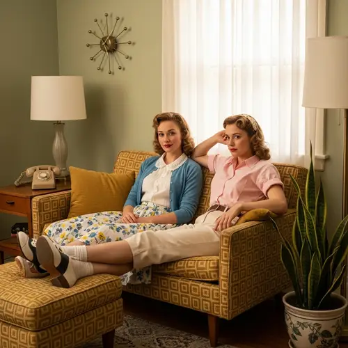 1950s Vintage Scene with Two Young Women on Patterned Couch