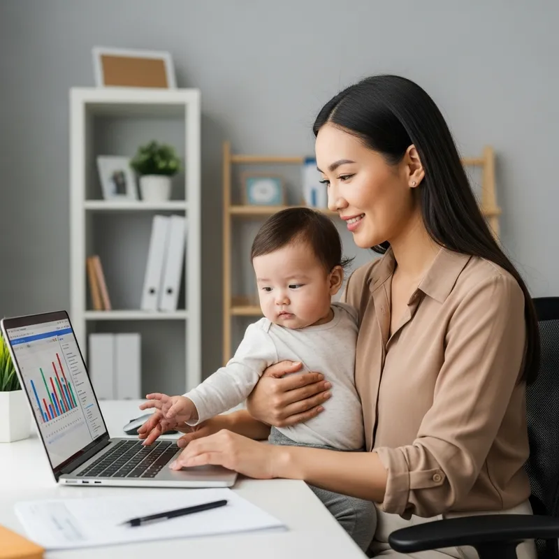 Kazakh Woman Balancing Maternity Leave and Work from Home