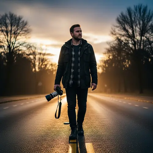 Caucasian Male Photographer Walking with Camera in Street
