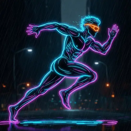 Neon Running Man in Orange Glasses Silhouette