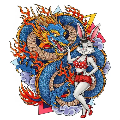 Vibrant Dragon & Bunny Pinup Tattoo Design