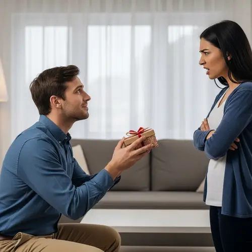 Man Presenting Gift to Angry Woman - Relationship Drama Unfolds