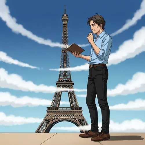 French Man with Book at Eiffel Tower - Casual Style