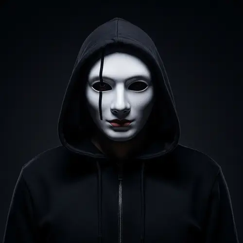 Hooded Cypherpunk with Porcelain Mask - Enigmatic Codes and Privacy