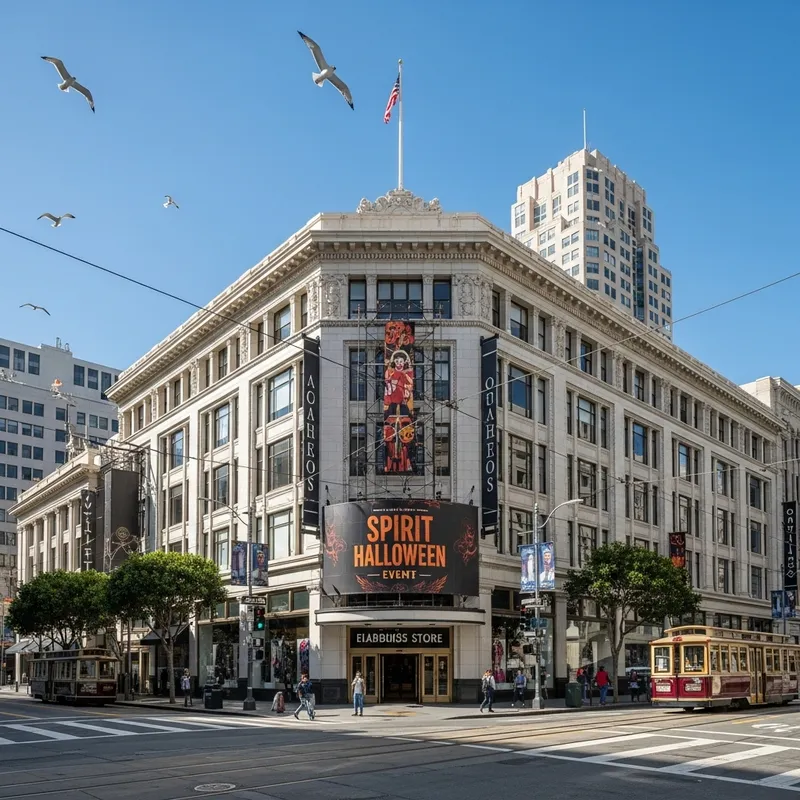 Macy's San Francisco Flagship Store Exterior with Spirit Halloween Sign