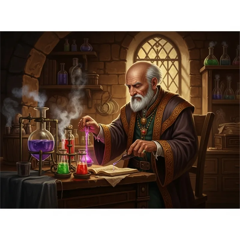 Ancient Alchemist in Timeless Renaissance Lab