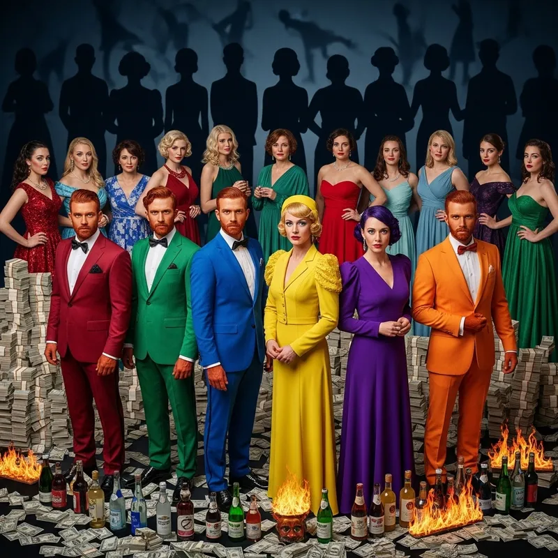 Colorful Figures Surrounded by Shadows, Money, Drinks, and Women