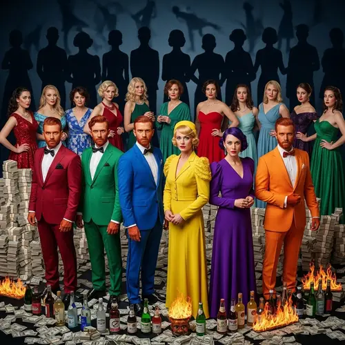 Vibrant Attire Amid Currency & Beverages