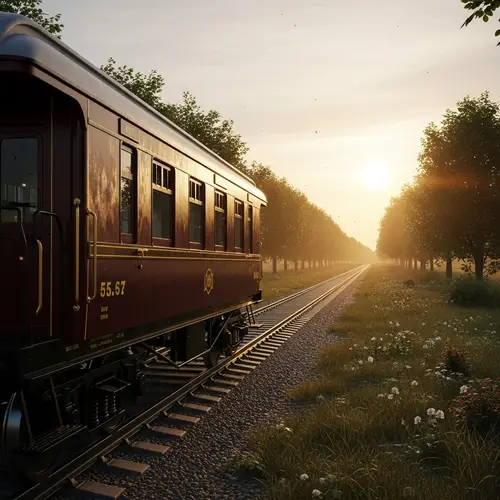 Vintage Railcar in Leafy Landscape | Dark Burgundy Exterior