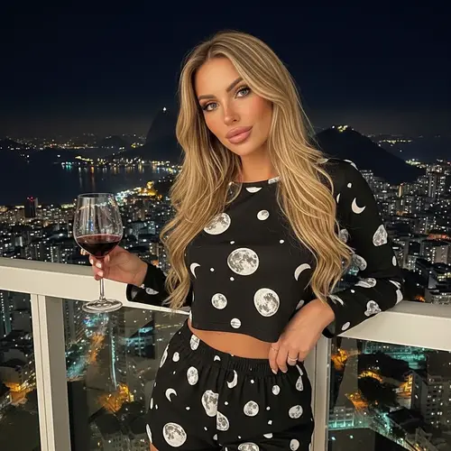 Chic Valentine's Day Pyjamas | European Woman on Balcony in Rio with Wine