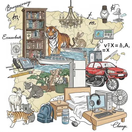 Intricate Collage: Library, Tiger, Boat, Chandelier & More