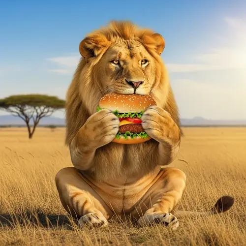 Majestic African Lion Enjoying a Burger in Sunshine