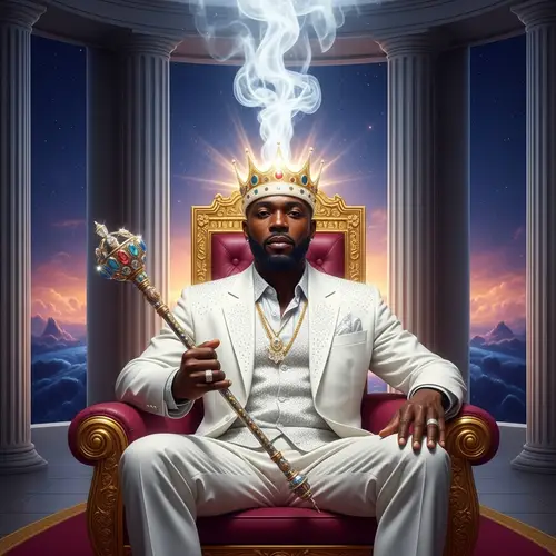 Radiant Black Man in Celestial Throne Room | Ethereal Jewelry Design