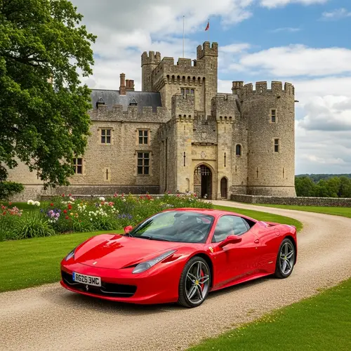 Red Ferrari Car Outside Majestic Castle