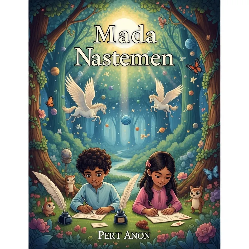 Enchanted Forest Book Cover: Children Writing Letters, Magical Creatures