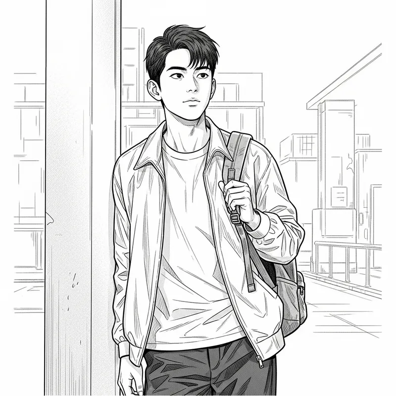 Realistic Black and White Line Art of Male Student