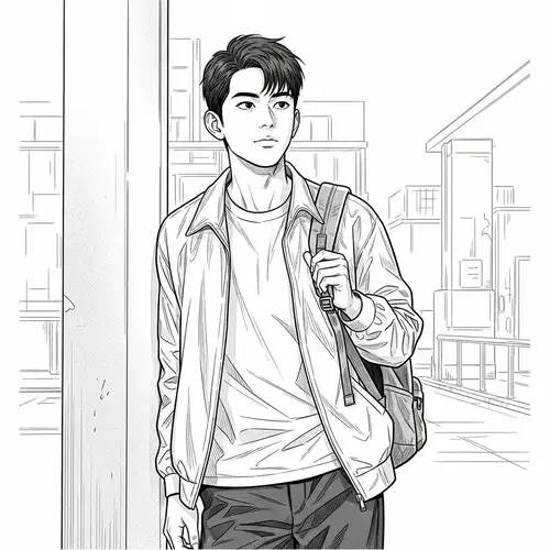 Realistic Black and White Line Art of Male Student