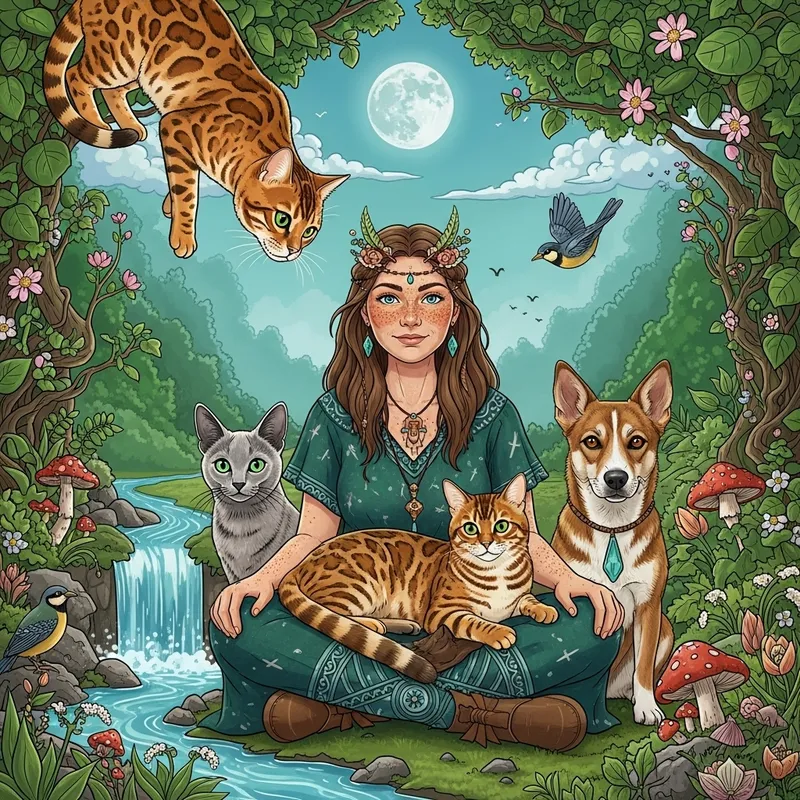 Golden Bengal Cat and Shamanic Woman in Nature Setting with Green Tones
