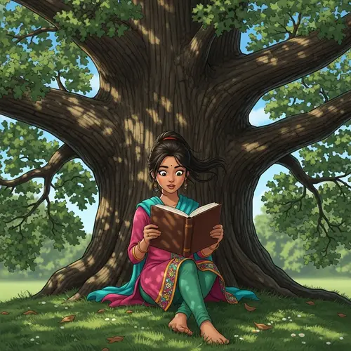 Captivating Scene of a South Asian Girl Reading Under Oak Tree