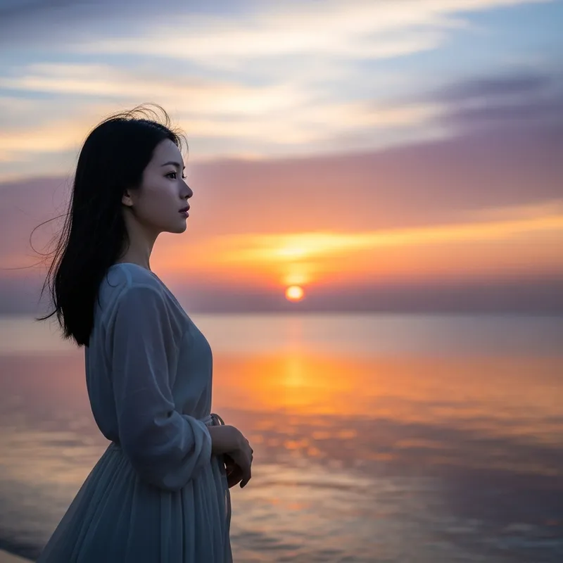 Delicate Chinese Girl at Sunrise Beach | Serene Beauty