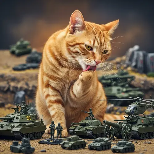 Cat Grooming Near Miniature Military Objects