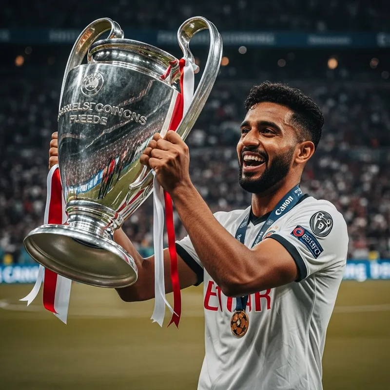 Triumphant Soccer Player with Champions League Trophy