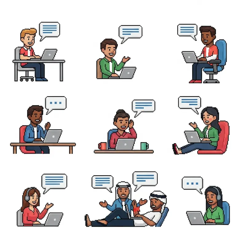 Diverse Pixel Art Characters Communicating Emotions